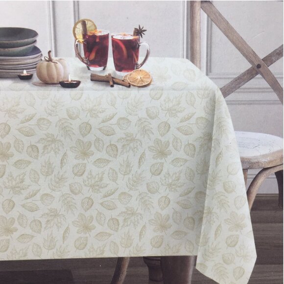 Envogue Harvest Fall Leaves Tablecloth 60x102 Gold Shimmer Tan Thanksgiving - Picture 2 of 11
